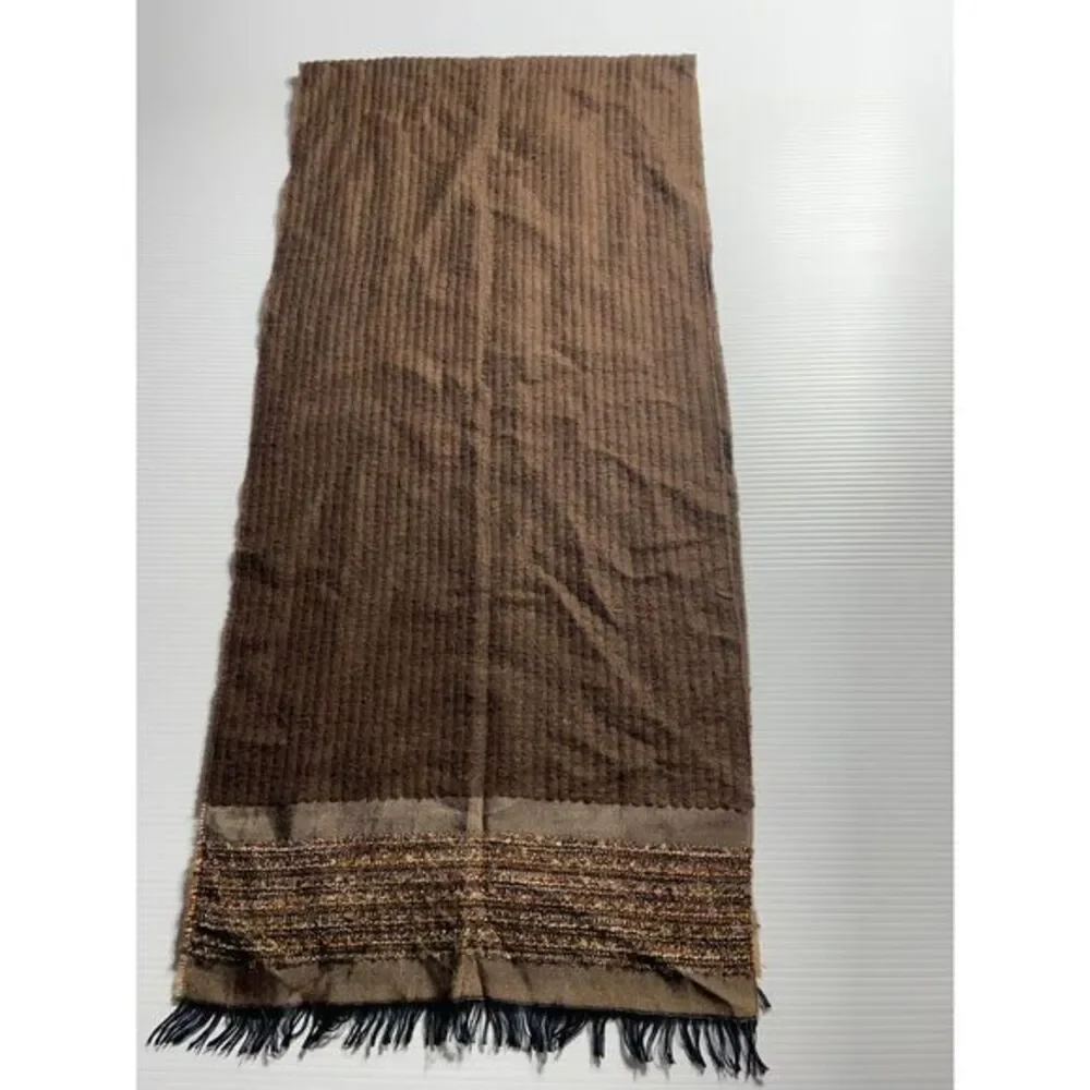MRC Luxurious Brown Winter Scarf Metallic Gold Trim and Fringe‎ Detail flawed